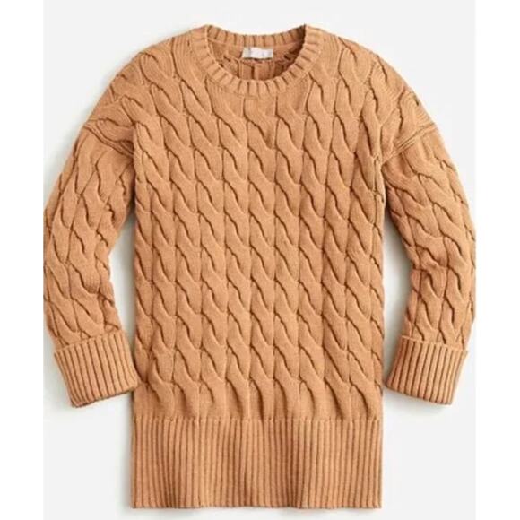 J. Crew Cotton Cable Knit side-slit Sweater Tan Brown M/L BM401 Fisherman - Picture 1 of 10